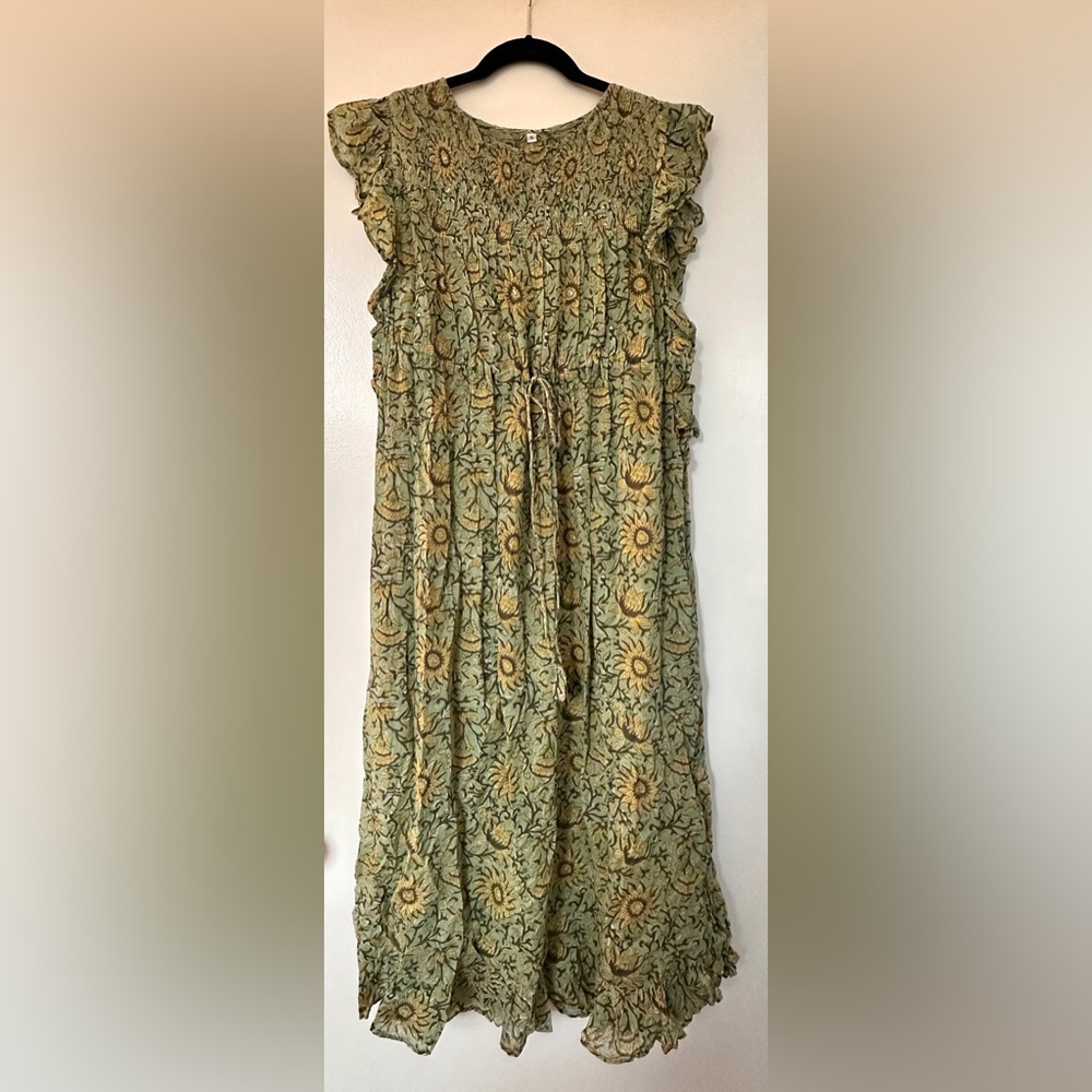 HANDMADE Block Print Sunflower Maxi Dress, Sz S
